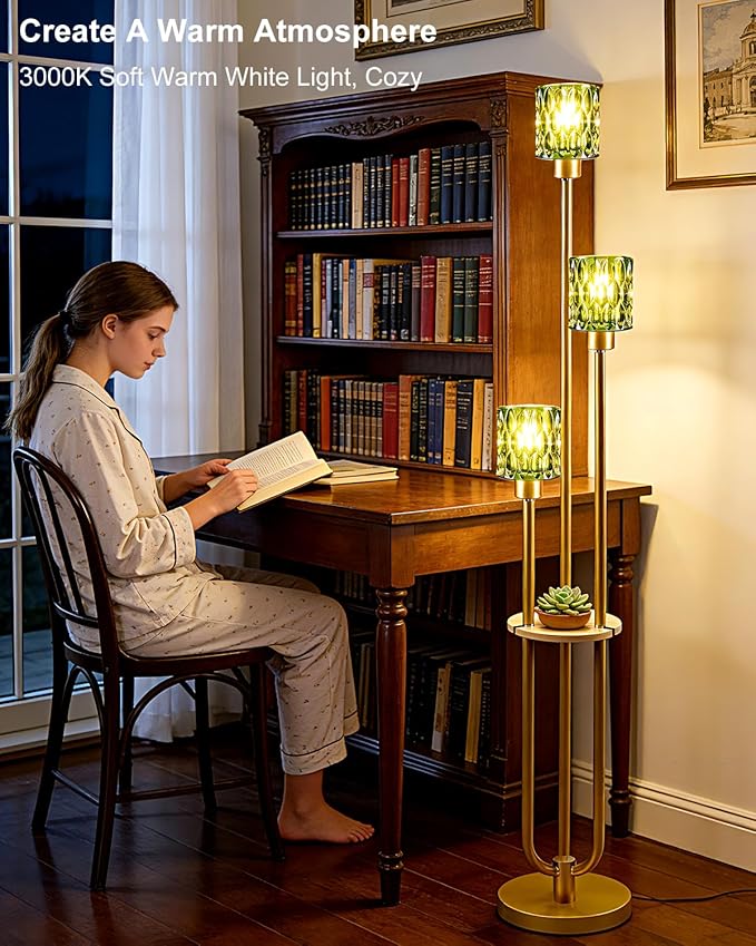 62IN Gold Floor Lamp with Green Glass Shade 3-Lights Mid-Century Modern Farmhouse Floor Lamps with 3000K Warm White Bulbs, Tall Standing Lamp 5Lbs Heavy Base for Living Room/Bedroom/Corner