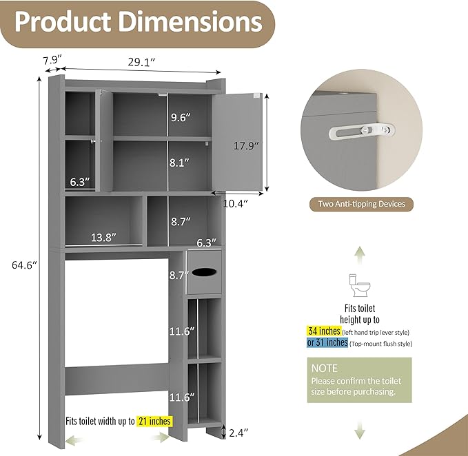 Over the Toilet Storage Cabinet, Freestanding Farmhouse Storage Cabinet Over Toilet, Bathroom Organizer with Paper Holder Stand and Adjustable Shelf, Grey