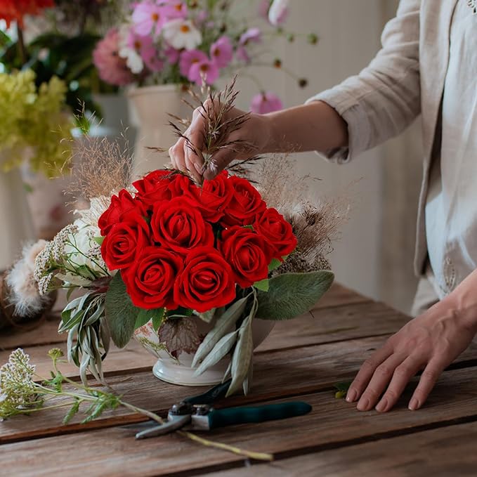 Red Artificial Rose Flowers, 12 Pcs Silk Roses with Long Stems, Realistic Fake Roses for Wedding Centerpiece Party Home and Office DIY Decor