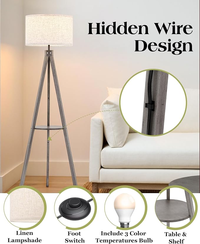 ELYONA Farmhouse Wood Tripod Floor Lamp with Table, Modern Reading Standing Lamp with 3 Color Temperatures LED Blub & Linen Shade, Shlef Coner Light for Living Room, Bedroom, Study Room, Office, Grey