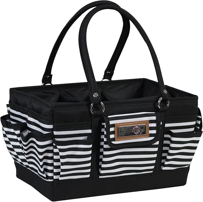 Everything Mary Deluxe Store & Tote Organizer – Black & White Stripe Craft Tote with Handle – Sewing, Scrapbooking & Art Supply Caddy for Creative Project Storage