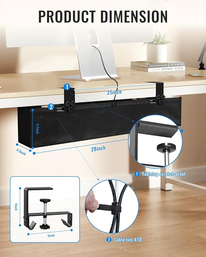 28" No Drill Under Desk Cable Management Tray - Upgraded Oxford Fabric with Cable Loop, No Damage to Table for Standing Desks and Home Office (Regular (28 Inch))