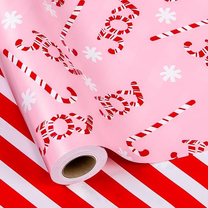 MAYPLUSS Christmas Gift Wrapping Paper Roll - 17 Inch X 33 Feet - Reversible Pink Candy Cane and Stripe Design for Winter Gift Wrap, DIY Craft, Christmas, Party, Holiday and Birthday