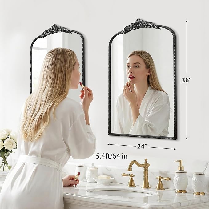 Micasso Vintage Wall Black Mirror: 24"x36" French Baroque Antique Mirror - Traditional Ornate Decorative Arched for Wall/Bathroom/Entryway/Fireplace/Hallway/Living Room - Home Decor for Bathroom