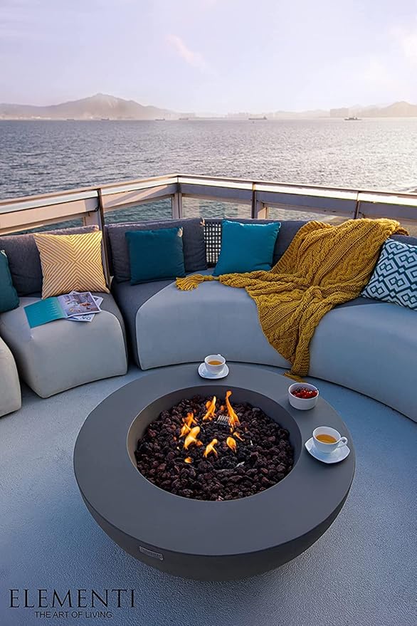 Elementi | Lunar Gas Fire Pit Cast Concrete 42" Round Fire Table, Outdoor Fire Pit Electronic Ignition | Canvas Cover, Lava Rock Included | Dark Gray (Propane Gas)