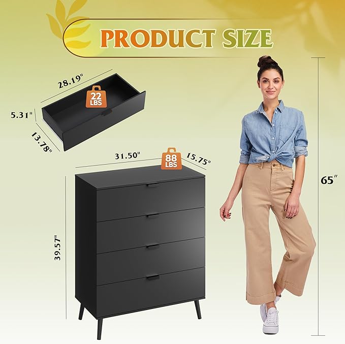 WLIVE 4 Drawer Dresser for Bedroom, Wooden Black Tall Dresser, Modern Dressers with Sturdy Metal Handle, Small Chest of Drawers for Living Room, Hallway