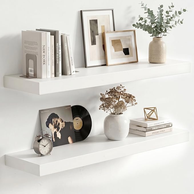 fuqing White Floating Shelves | 24 Inch Wood Floating Shelves for Wall Set of 2 | 24" W x 6.7" D x 1.4" H Rustic White Wooden Shelves for Bathroom Living Room Bedroom Kitchen