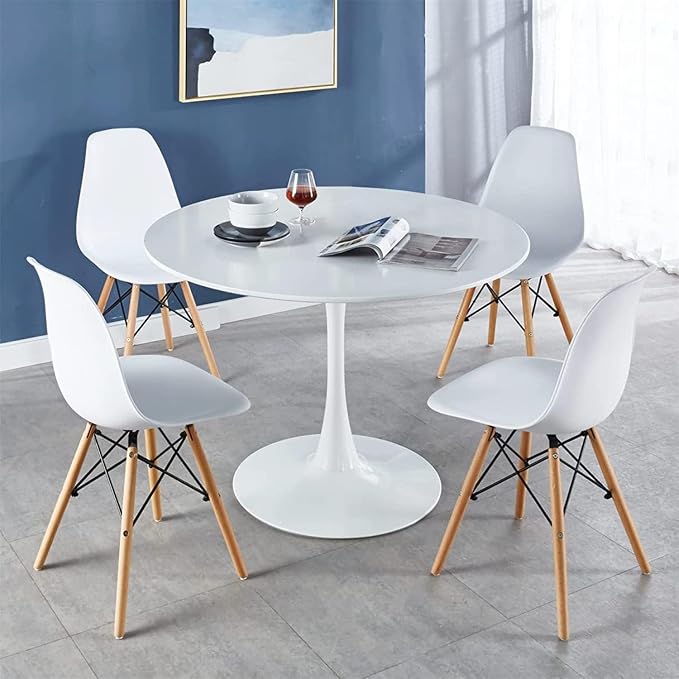 5-Piece Round Dining Table Set,31.5" Mid-Century Modern Kitchen Table with 4 Chairs,Tulip Pedestal Table & Solid Wood Legs,Space Saving Compact Furniture for Small Spaces Apartment Home,White