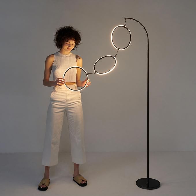 Brightech Nova Modern Floor Lamp Matches Living Room Décor - Contemporary Arc Tall Lamp with 3-Circle Ring-Style Pendant - Over The Couch Standing on Arching Pole - Eclectic- Black