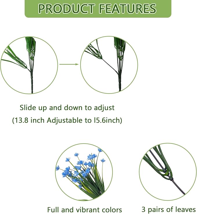 Artificial Flowers Outdoors, 12 Bundles No Fade Fake Flowers UV-Anti Easy to Clean Faux Greenery Plants Faux Plastic Plants Garden for Indoor Outdoor Home Garden Decoration, Blue