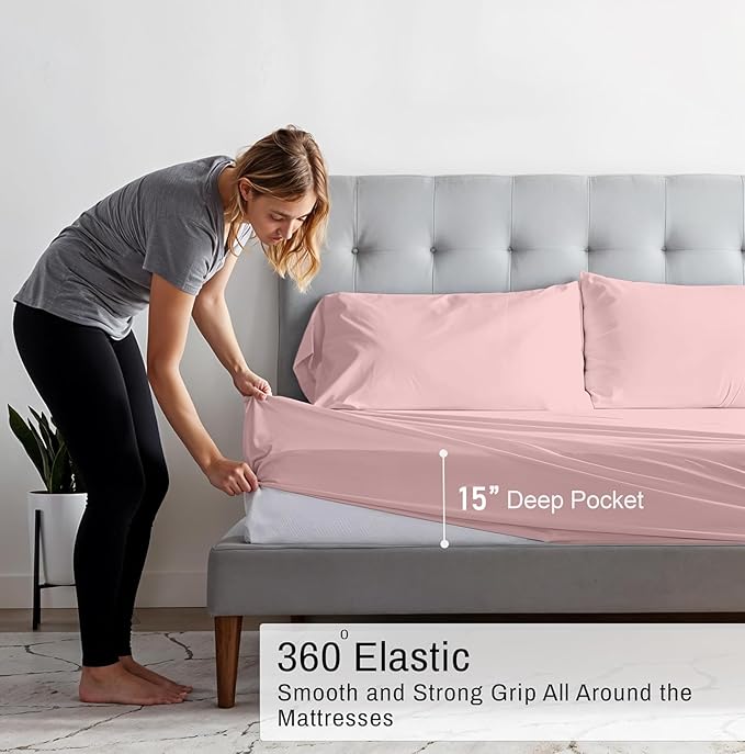 RUVANTI 100% Organic Cotton Sheets Queen Size, Percale Weave, GOTS Certified, 4-Piece Set, Deep Pocket 15", Crisp & Breathable, Soft Durable Bedding, Sábanas Algodón Orgánico –Peach Skin