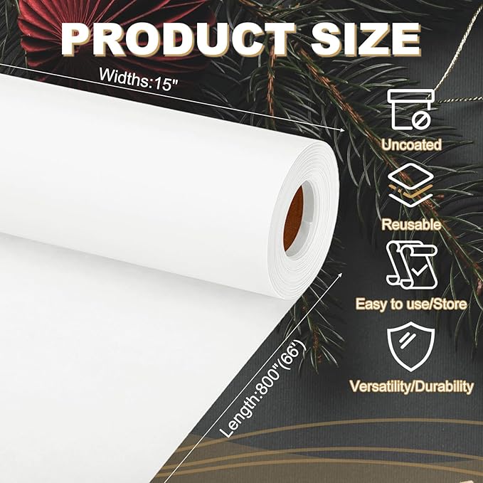 PATIKIL Wrapping Paper, 15"x800"(66') Bulletin Board Paper Roll Kraft Paper Roll Construction 80GSM for Shipping Packing Gift Wrapping Craft Flower Bouquet Christmas, White