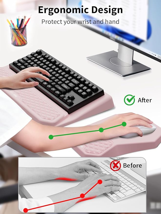 3-in-1 Ergonomic Keyboard Stand with Wrist Rest & Mouse Pad Set, Comfy Keyboard Riser Holder Soft Mousepad with Massage Design, Memory Foam and Non-Slip PU Base for Pain Relief, Pink