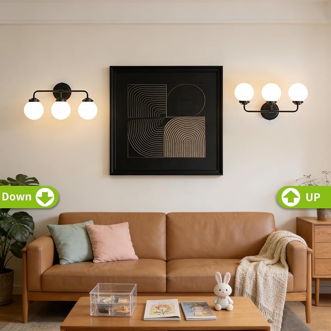 Bathroom Light Fixtures, 18.26'' Black Vanity Light, Modern 3 Lights Wall Sconce with Milky Glass Globe Shade, Mid-Century Bathroom Lighting Fixtures Over Mirror for Bathroom, Living Room