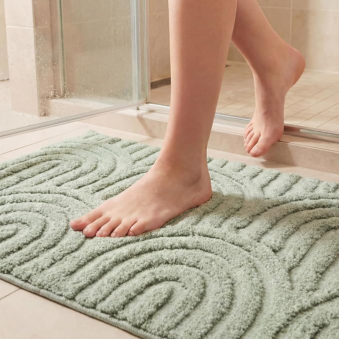 Drydiet Sage Green Boho Jacquard Bathroom Rug for Bathroom 3D Arched Stripes Non Slip Absorbent Extra Thick Soft Carpet, Plush Bath Rug with Rubber Backing for Bath Shower, 20''x30''