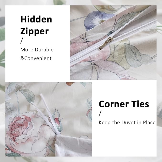 100% Cotton Duvet Cover Queen Size – Blooming Garden Duvet Cover Set with Zipper Closure & Corner Ties, 3-Piece Silky Soft & Breathable Pastel Floral Bedding Set for All Seasons