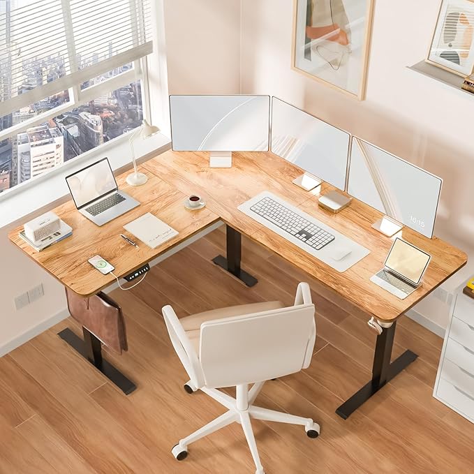 63 x 55 inch L Shaped Standing Desk, Corner Computer Desk, Electric Adjustable Height Stand Up Table, L Sit Stand Desk for Home Office Gaming, Light Rustic