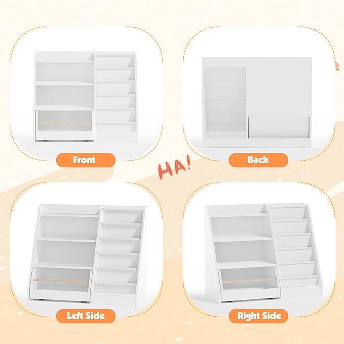 NACHES Kids Bookshelf,Toddler Bookcase Toy Bin with 1 Drawer 3 Sling Pockets –Children Bookshelf with Storage for Bedroom,Nursery or Playroom FSC Wood,Trapezoid 35" W, White (1 Movable Drawer)