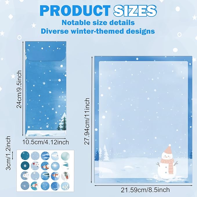 EggSun 250Pcs Christmas Winter Stationery Paper and Envelope Set with 100 Letterhead Papers and 50 Envelopes,10 Design for Letter Writing Invitations Computer Holidays Party Notes, 8.5x11 Inch-Snowman