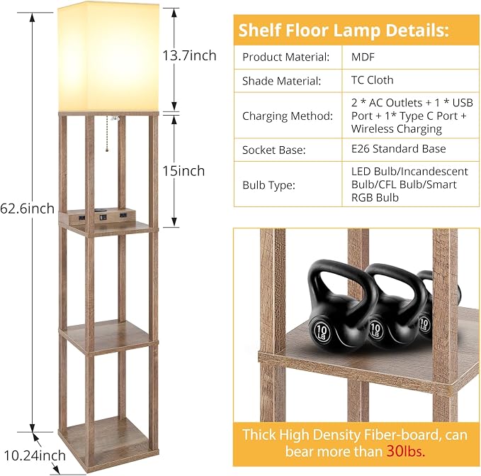 Mlambert Modern Shelf Floor Lamp with Wireless Charger & Fast Charging USB Ports & Type C Port & 2 Power Outlets,3 Tier Storage Lamp for Bedroom(Wood)
