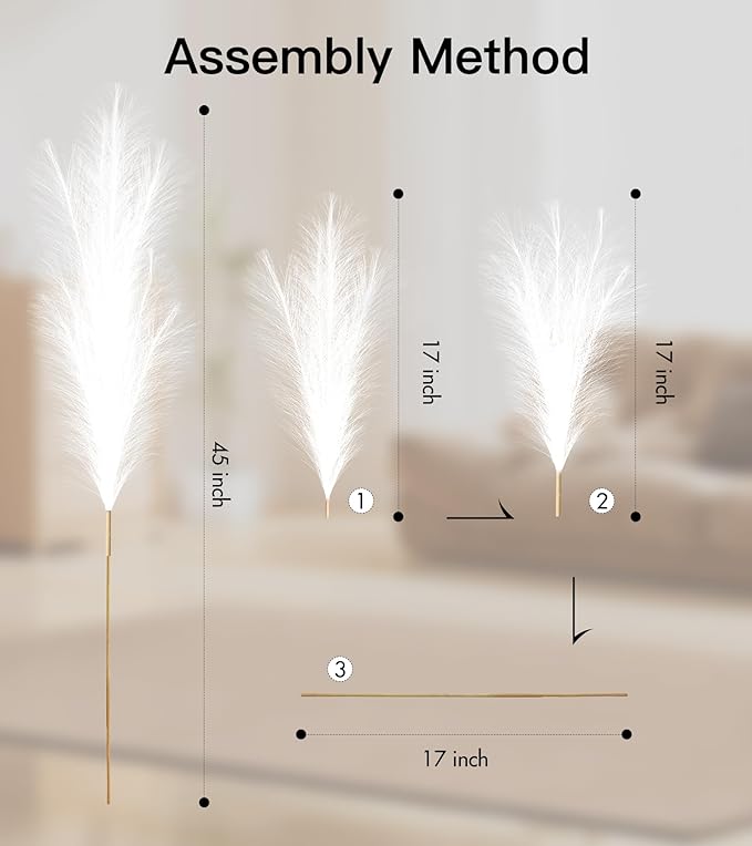 9 Pcs 45" Tall Pampas Grass White Decor, Long Stem Artificial Flower Floor Vase Large Faux Floral Pompas Fake Plants Dried Bouquet Arrangement Vase Filler for Boho Home Wedding Decoration