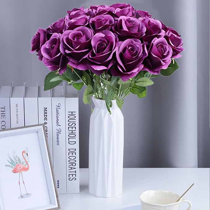 Artificial Rose Flower Artificial Flowers Flower with Long Stem Silk Roses Bouquet for Wedding Bridal Shower Party Home Decoration (Plum, 12 Pcs)