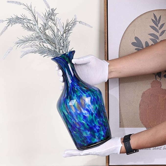 Hand Blown Glass Vase Teal Mosaic (Blue Green Splash) – Murano Inspired Art Glass Vase with Wide Mouth for Flowers, Bubble Vase, Coastal Centerpiece for Dining Room or Living Room (Blue)