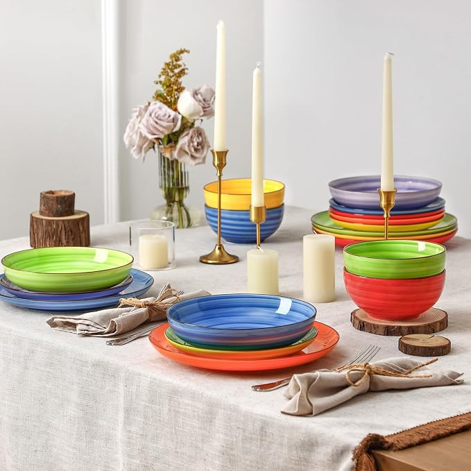 Selamica Ceramic Plates and Bowls Sets,24 Pieces Dinnerware Sets for 6,Scratch Resistant Dish Set for holiday gathering,Dishwasher & Microwave Safe, Dopamine
