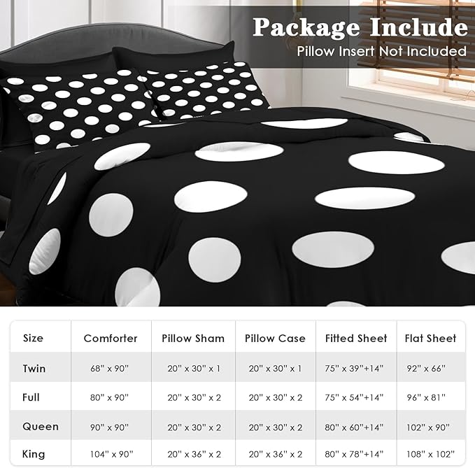 Comforter Set Queen Size, Polka Dot 7 Pcs Bedding for Kids and Adults, Black and White Bed Sheet Sets with Fitted Sheet 2 Pillowcase & 2 Sham for Bedroom Bed Decor
