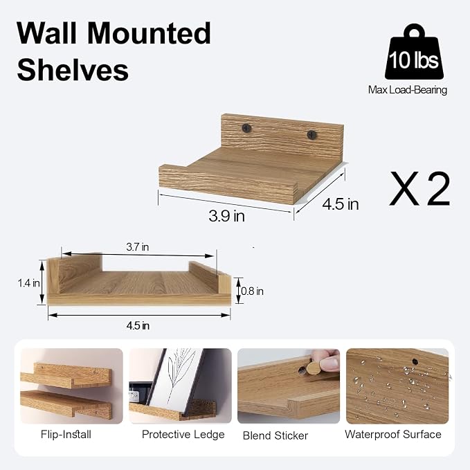 Small Floating Shelves for Wall Decor, Wall Mounted Wood Shelf for Bedroom, Living Room, Bathroom, Kitchen, Nursery, Mini Display Ledge Shelf with Lip Set of 2-4 Inches, Oak