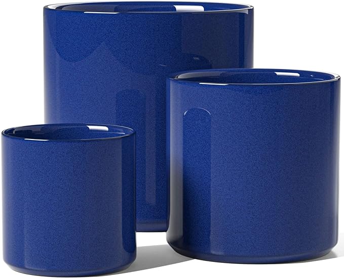 LE TAUCI Ceramic Plant Pots Indoor, 10+8+6 Inch Planters for Indoor Plants, Mid-Century Modern Flower Pots with Drainage Hole and Plug, Cylinder Round Planters, Set of 3, Sapphire Blue