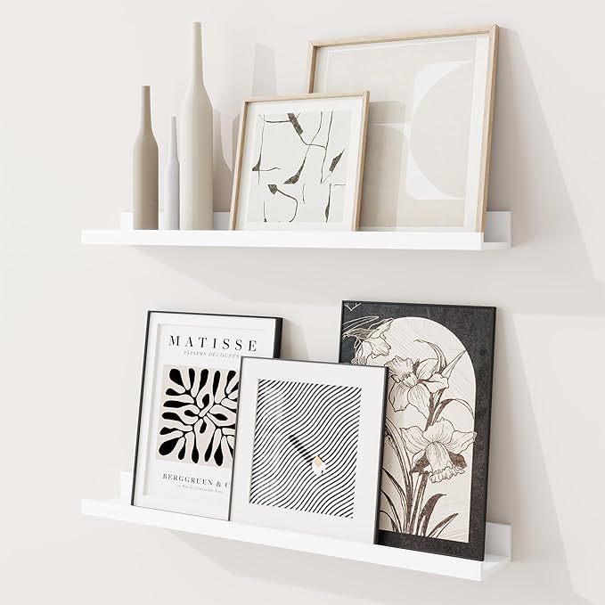 RICHFOCUS Picture Ledge Shelf, 24 inch Floating Shelves Set of 2, Wood Wall Shelves with Lip, Wall Decor Storage for Bedroom Living Room Bathroom Kitchen Nursery Photo Picture, White
