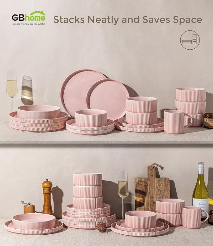 GBHOME 12-Piece Stoneware Dinnerware Set for 4 – Ribbed Ceramic Plates and Bowls, Scratch-Resistant, Microwave & Dishwasher Safe, Reactive Glaze, Blush Veil