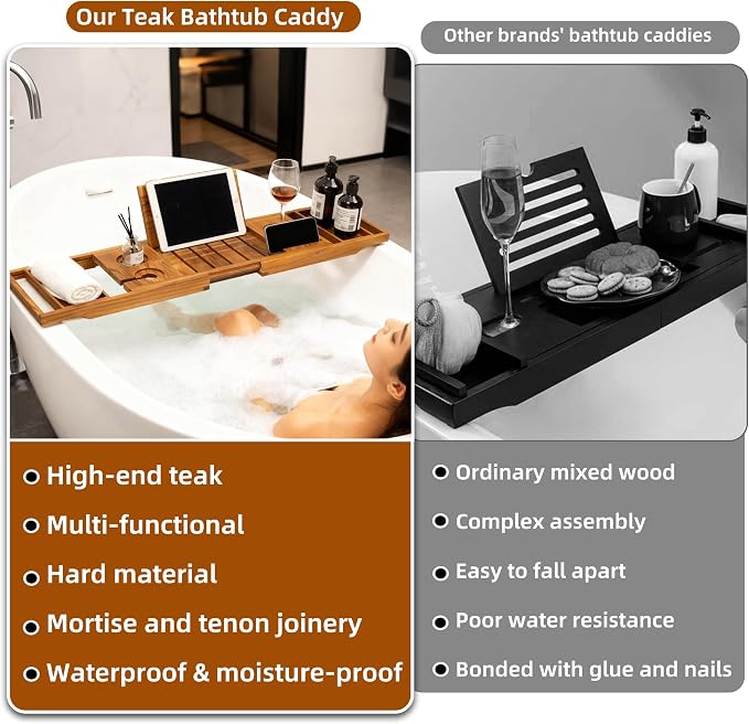Expandable Teak Bathtub Tray - Luxury Wooden Bath Caddy & Tub Shelf, Over-The-Tub Bath Table with Book & Wine Glass Holder, Waterproof Bathroom Organizer for Spa Experience