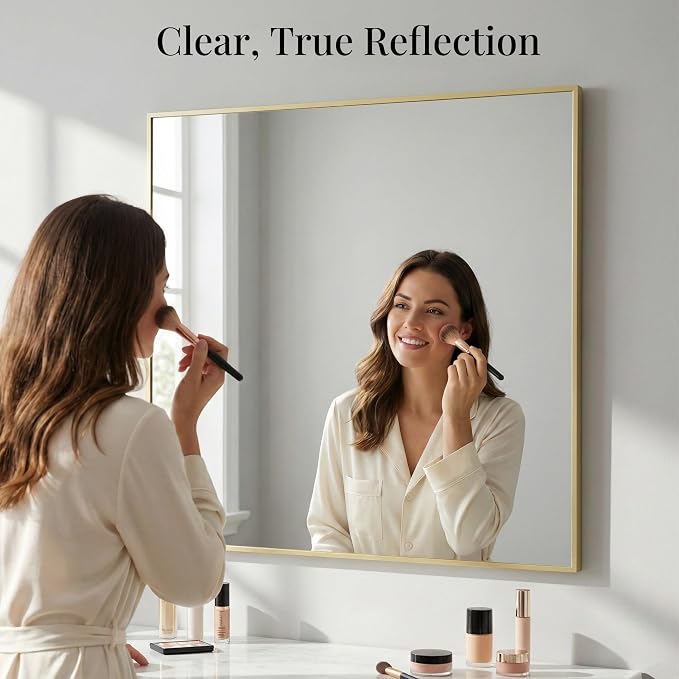 36"x36" Square Gold Bathroom Mirror, Shatterproof Tempered Glass, Brass Tone Large Geometric Mirror, Ultra-Flush Wall-Mounted