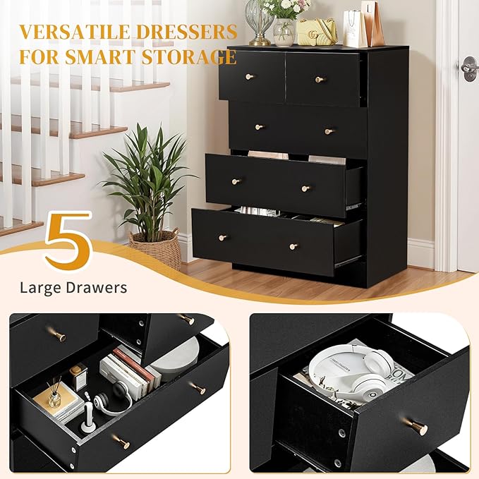 Karl home Black 5 Drawer Dresser for Bedroom, Tall Dresser Chest of Drawers, Rustic Wood Bedroom Dressers Clothes Organizer, Anti-Tipping Device, Rose Gold Metal Handle, Living Room, Entryway, Office