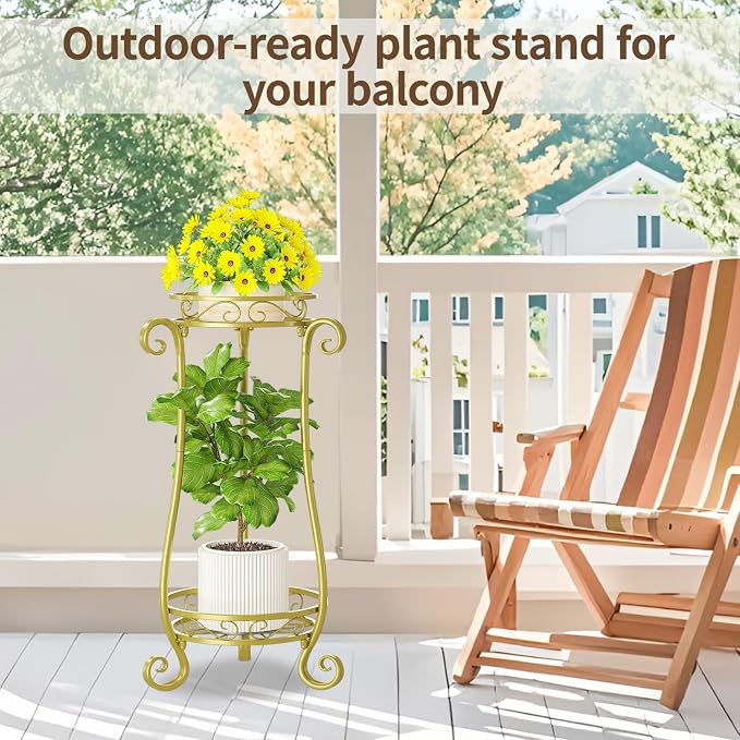 LASZOLA 2 Tier Gold Metal Plant Stand for Multiple Large Planters Indoor Outdoor Organizer, Heavy Duty Tall Flower Stand for Corner Patio Bathroom Office, Modern Sturdy Vertical Iron Rack, Cat Proof