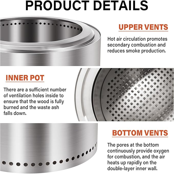 HGD 16 inch Smokeless Firepit, Stainless Steel Fire Pits, Smokeless Fire Pit for Outside with Carry Bag for Camping Backyard Patio Garden Picnic