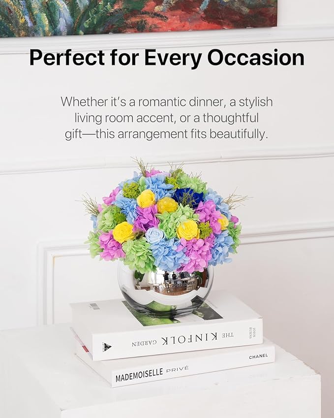 JoyFlower Preserved Flowers Vase Glass Decor, Eternal Flower Vases for Centerpiece, Forever Flower Decorations for Home Wedding Party Table Living Room Bedroom, Preserved Roses in Glass Vase(Colorful)