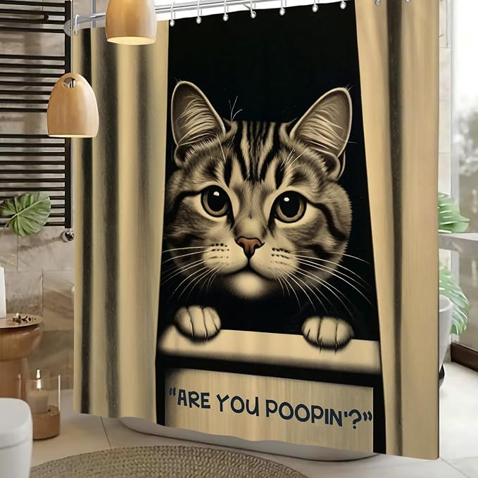 Cat Shower Curtains Cute are You Poopin' Funny Humorous Animal Whimsical Bathroom Curtain Curious Joke Cat Shower Curtain Sets for Bathroom Extra Long 69x70 in with 12 Hooks