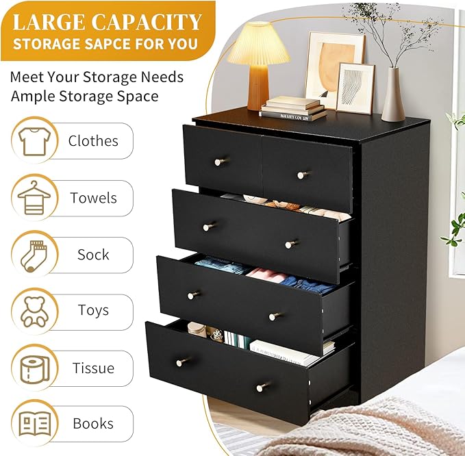 Karl home Black 5 Drawer Dresser for Bedroom, Tall Dresser Chest of Drawers, Rustic Wood Bedroom Dressers Clothes Organizer, Anti-Tipping Device, Rose Gold Metal Handle, Living Room, Entryway, Office