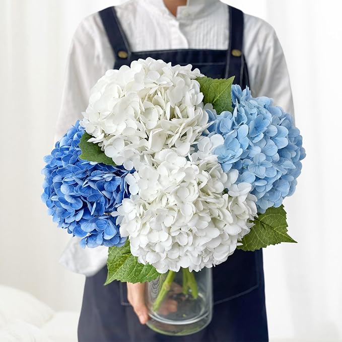 Blue/White Artificial Hydrangeas Silk Flowers, 4Pcs Large Latex Real Touch Lifelike Hydrangea Artificial Flowers,Faux Flowers Bouquet for Halloween Fall Wedding Outdoor Kitchen Table Home