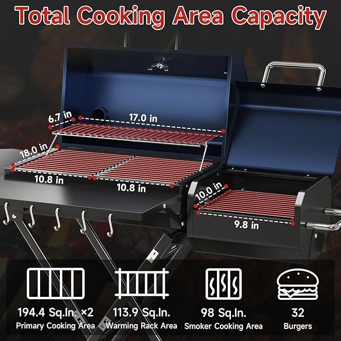 kscocinaBBQ Portable Charcoal Grill with Smoking Function, Foldable Suitcase Design with Wheels, Multi-Tier Storage Rack & Waterproof Cover for Outdoor BBQ Parties (Blue)