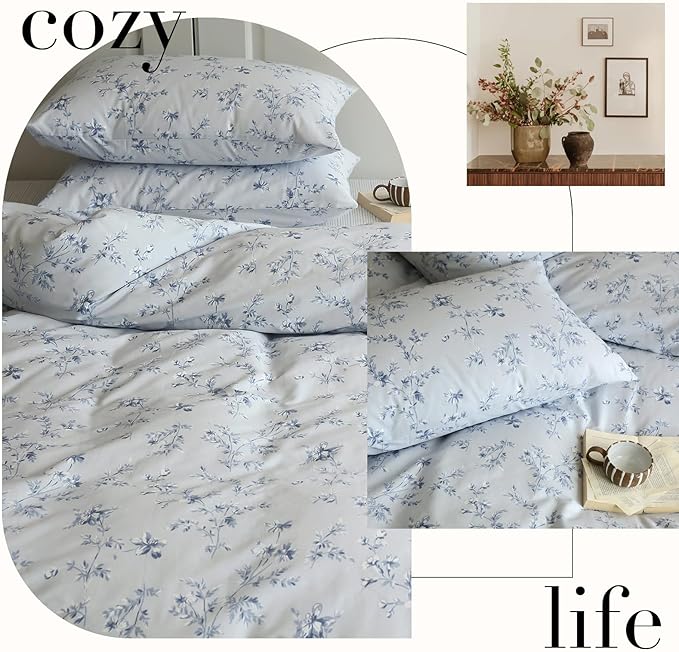 HighBuy Vintage Floral King Duvet Cover Blue Floral Duvet Cover 100% Cotton Garden Boho Flower Comforter Cover King Luxury Girls Bedding Set King Chic Flower Cottagecore Bedding Set for Men Women