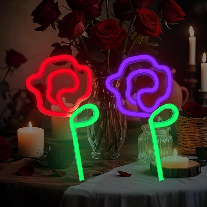 Rose Neon Sign - rose Flower with Green Stem Neon Art Wall Decor USB or 3-AA Battery Powered Operated for Girls Bedroom Birthday Gift Party Wedding Rose Lights for Bedroom (Red&Purple)