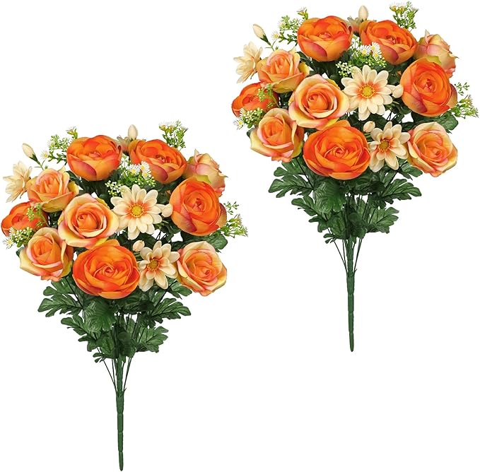 Hollyone Set of 2 Artificial Cemetery Flower for Graves Orange Cemetery Memorial Flowers for Outdoor Grave Decorations Silk Flower Arrangements Rose Ranunculus Gerbera Floral Flowers Bouquets