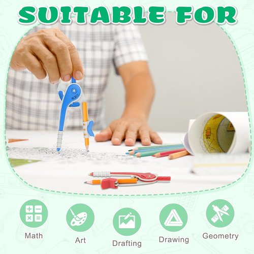 Skiennix 16 PCS Math Compass Set - 6 Inch Plastic Drawing Compass with Pencils for Geometry and Art