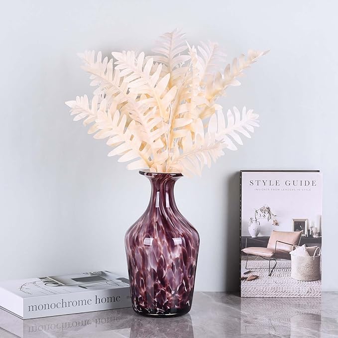 Hand Blown Glass Vase Plum – Murano Style Art Glass Vase with Wide Mouth for Flowers, Bubble Vase, Decorative Centerpiece for Dining Table, Coffee Table or Living Room Display (Purple)