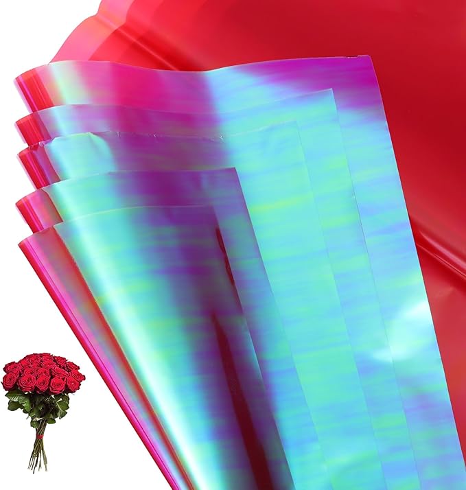 PATIKIL 22.8 x 22.8 Inch Flower Wrapping Paper, 20 Pcs Iridescent Double Sided Plastic Bouquet Packaging Waterproof Florist Supplies DIY Crafts Gift Packaging Gift Box Wedding, Dark Red