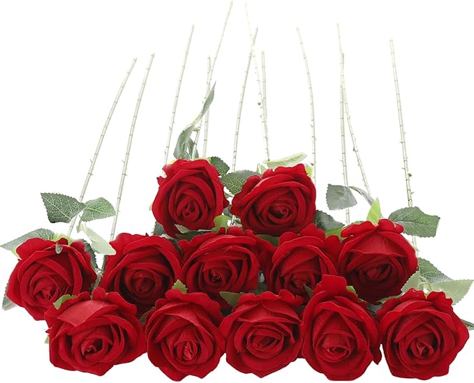 12Pcs Red Roses Artificial Flowers Fake Roses Faux Velvet Silk Flower for Home Wedding Decoration (Pearl Rose, Red)